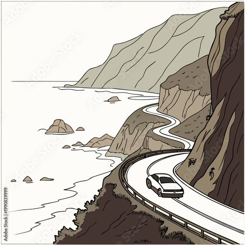 A white car drives on a winding road along a cliffside by the ocean with mountains in the background