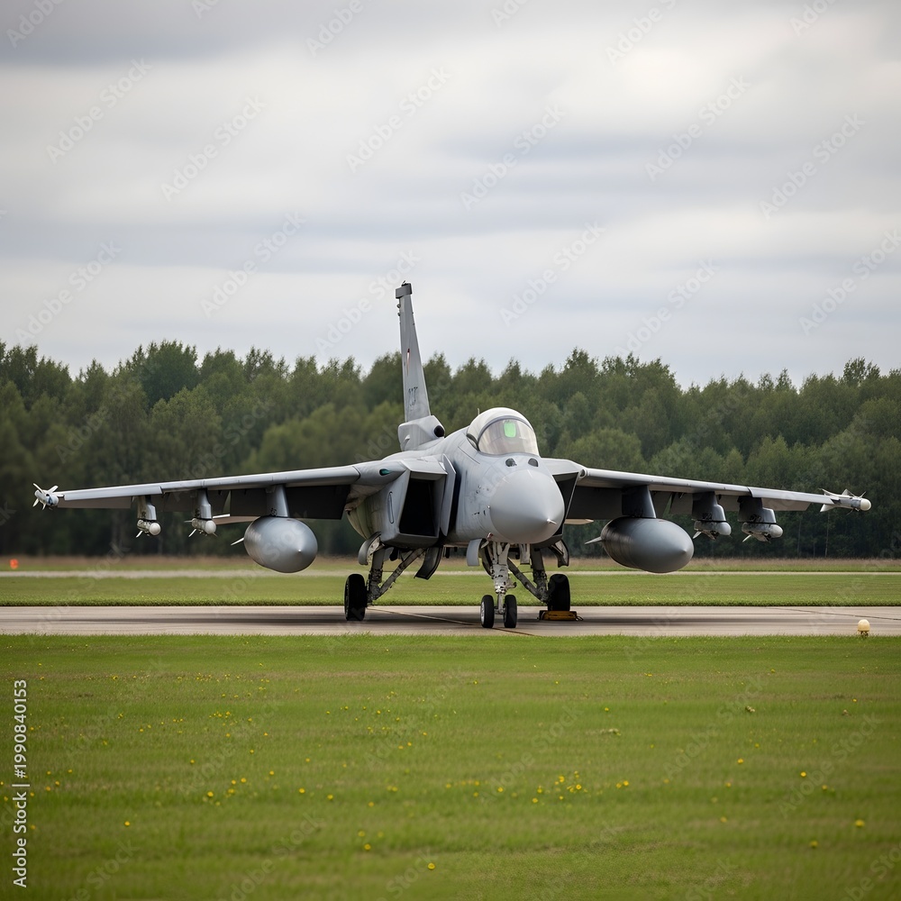Fototapeta premium A fighter jet on a runway with trees in the background