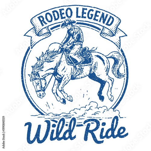 Vintage-style rodeo illustration featuring a cowboy riding a bucking horse inside a circular frame. The design has a distressed, textured blue ink effect on a white background, accompanied 