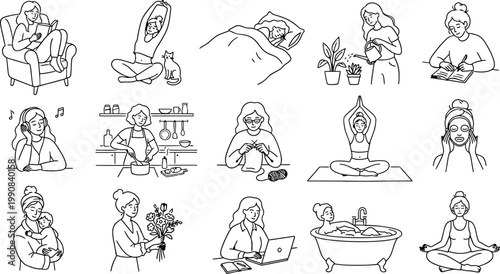 Set of women doing daily activities and selfcare routines