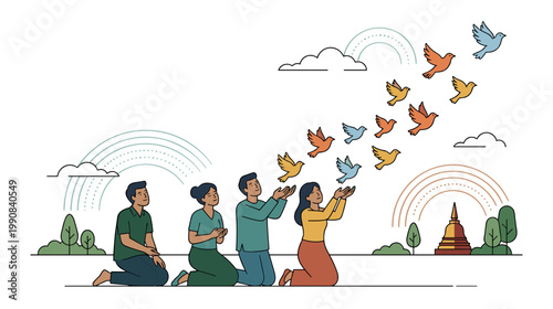 People releasing birds into sky during buddhist ceremony symbolizing freedom compassion and spiritual liberation concept