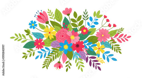 Colorful floral arrangement with pink, blue, yellow and green flowers and leaves