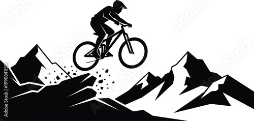 A silhouetted mountain biker performs a jump over rocky terrain showcasing extreme sports action and skill high quality professional detailed modern