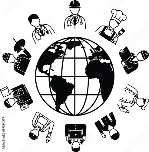 Symbolic illustration depicting a diverse range of global professions and a connected worldwide workforce