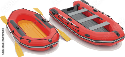 Red Inflatable Raft Set with Oars for River and Water Adventure Outdoor Recreation in Realistic Flat Vector Illustration