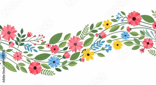 colorful floral wreath border with pink, blue, yellow flowers and green leaves