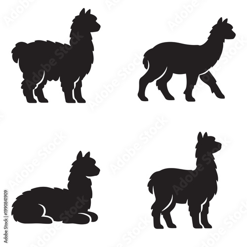 Four llama silhouette icons showing upright standing lying and raised head poses in simple black design
