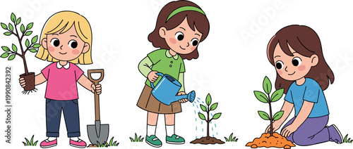 Children Gardening and Planting Tree Set with Girls Watering, Digging and Caring for Plants in Flat Cute Vector Illustration