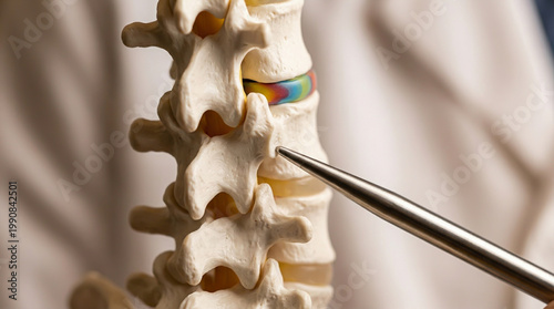 Medical professional pointing at human spine anatomy model