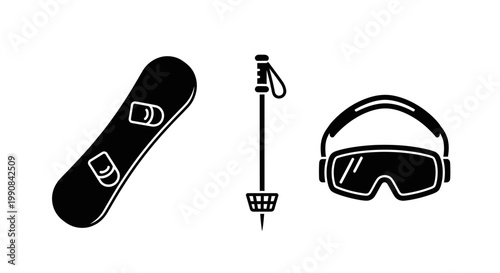 Winter Sports Equipment Icon Set: Snowboard, Ski Pole, and Goggles Vector Silhouettes for Recreation