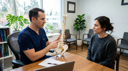 Doctor explaining spine anatomy to female patient in clinic