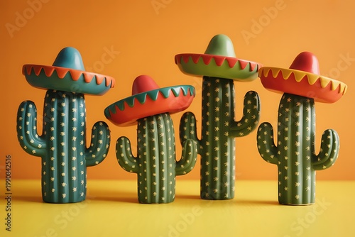 Festive cacti a playful arrangement of desert plants adorned with traditional mexican sombreros on a vibrant background