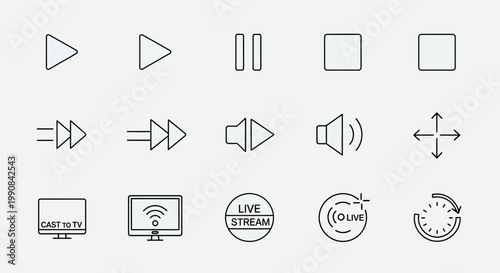 Media Player and Streaming UI Outline Icons Set. Play, Pause, Stop, Volume, Forward, Cast to TV, Live Stream Buttons Collection.