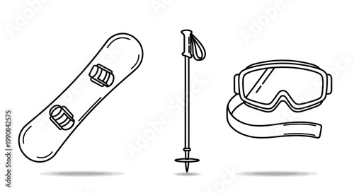 Winter Sports Equipment Line Art Set: Snowboard, Ski Pole, and Goggles Vector Icons for Snowboarding and Skiing