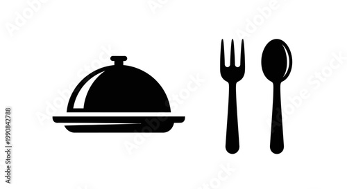 Elegant food cloche with platter, fork, and spoon silhouettes for restaurant dining and culinary service icons