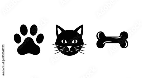 Pet animal care symbols set with paw print, cat head, and bone vector icons, ideal for veterinary clinics or pet services.