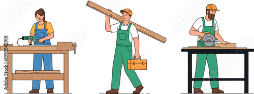 Carpenter Worker Set with Men and Woman Using Tools for Cutting, Carrying and Woodworking at Workshop Table Vector Illustration