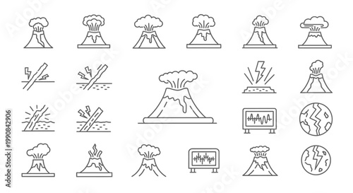 Volcano Eruption and Earthquake Hazard Line Icons. Outline Vector Graphics for Natural Disasters, Geology, Environmental Warnings.
