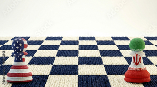 USA and Iran Flag Pawns Positioned on a Chessboard Representing Diplomacy