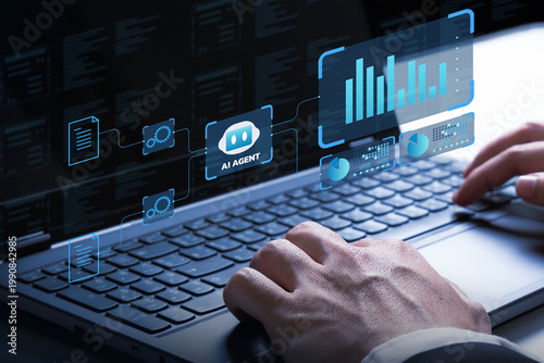 Data Processing: A person interacts with a laptop, the screen displaying intricate data visualizations, charting the course of technology.