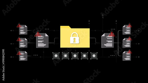 Data Security Gateway: A visual representation of secure data transfer and storage, with a central folder protected by a lock, symbolizing safety amidst potentially vulnerable documents. 