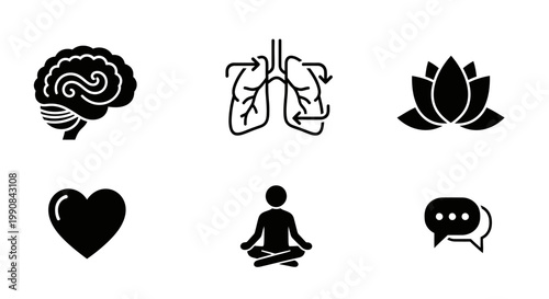 Mind, Body & Spirit Wellness Icon Set: Brain, Lungs, Heart, Lotus, Meditation, Communication Symbols for Health