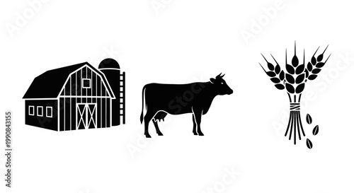 Farm icon set with barn, silo, cow, and wheat bundle. Agricultural symbols for rural life and farming concepts.