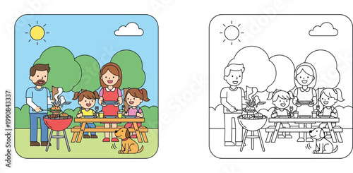 Happy Family Having BBQ Picnic Outdoors with Dog, Kids Educational Coloring Page and Color Illustration Set for Preschool Activity Books and Summer Leisure Learning