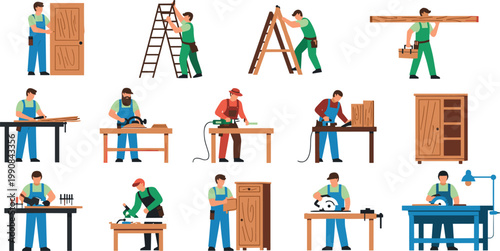 Carpenter and Woodworking Activity Set with Men Using Tools for Cutting, Assembling, Measuring and Crafting in Vector Illustration
