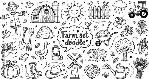 Hand-Drawn Farm Life and Agriculture Doodle Set