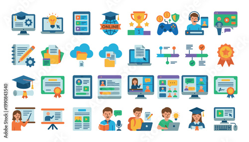 Collection of colorful educational icons and symbols.