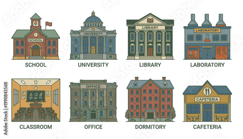 Educational institutions and buildings illustration.