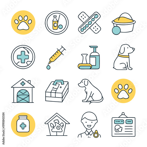 A set of veterinary icons including a dog paw, medicine, band aid, dog bowl, medical cross, syringe, beaker, dog, dog house, first aid kit, dog, bottle, clinic, vet, and clipboard