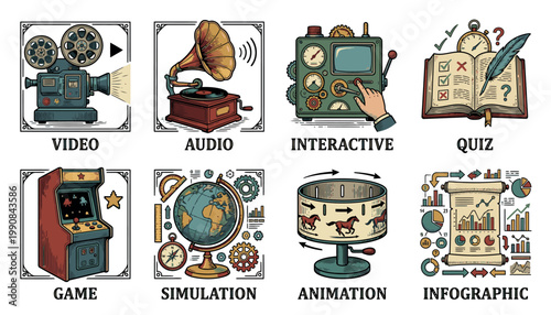 Educational media types and formats icons.