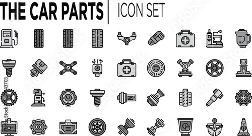 Comprehensive vector illustration icon set featuring a diverse collection of essential automotive parts and service equipment for graphic design