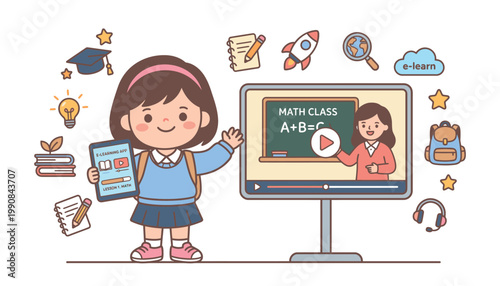 A young girl standing next to a computer with a math class on the screen.