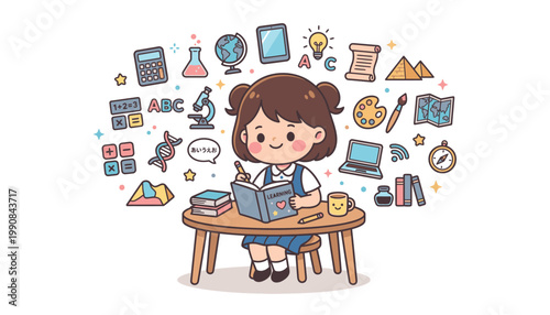 A young girl sitting at a desk with educational icons floating around her.