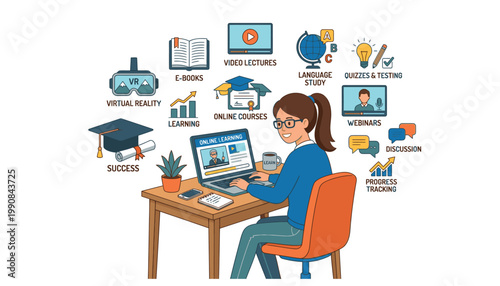 woman sitting at desk with computer and icons.