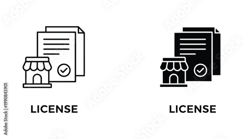 Business license and retail store document icon set featuring shop building and approved contract paper for legal and commercial use