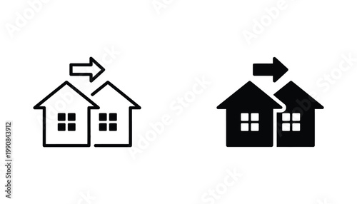 Real estate relocation and moving house symbol set featuring two houses with directional arrow for property marketing design