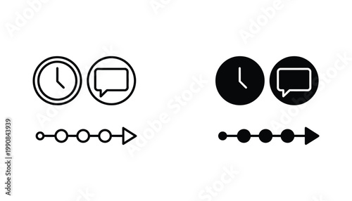 Time management and communication workflow icons featuring clock and speech bubble symbols with progress timeline arrow