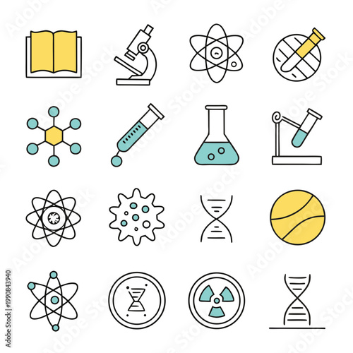 Collection of science icons including atoms, molecules, and laboratory equipment