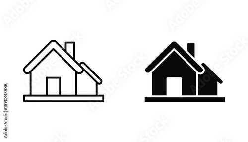 Minimalist house building icon featuring simple architectural structure in outline and solid black vector styles for real estate and home services branding isolated on white background