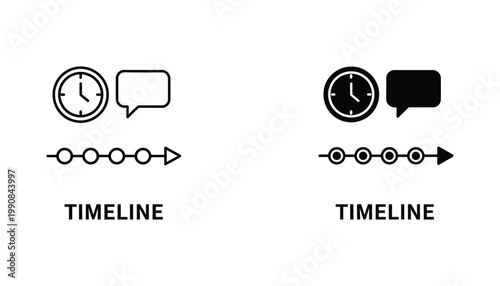 Project timeline icon with clock and speech bubble elements in outline and solid black vector styles for business scheduling and workflow management isolated on white background