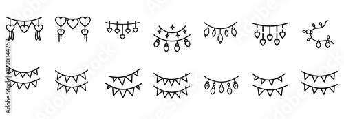 Party garland strings line icons set heart shape pennant hanging star bulb carnival ribbon banner festive glow light & more vector illustration with editable stroke.