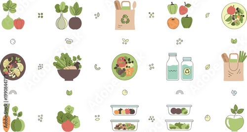 Healthy Food and Organic Grocery Collection with Fresh Vegetables, Salads, Containers and Eco Shopping Elements for Nutrition and Sustainable Lifestyle Vector Illustration.