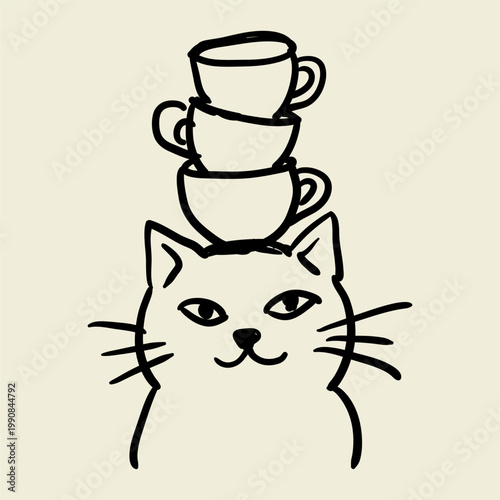 Cat Balancing Cups on Head Doodle Illustration Funny Kitty Coffee Stack Cute Pet Sketch Artwork