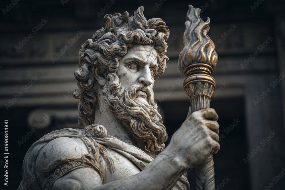 Naklejka premium Dark Toned Ancient Greek Statue with Torch Dramatic Artistic Lighting