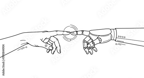 Human and robotic hands touching fingertips.