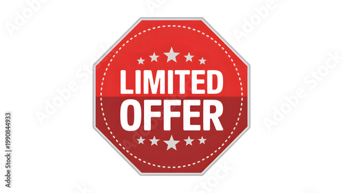 Red octagonal graphic with limited offer text and stars on a black background